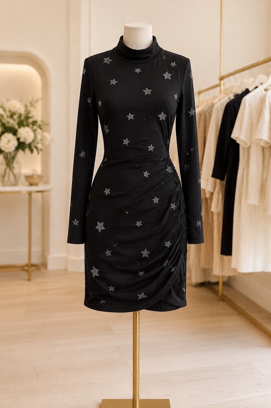 Blue B Star Print Ruched Bodycon Midi Long Sleeve Dress M